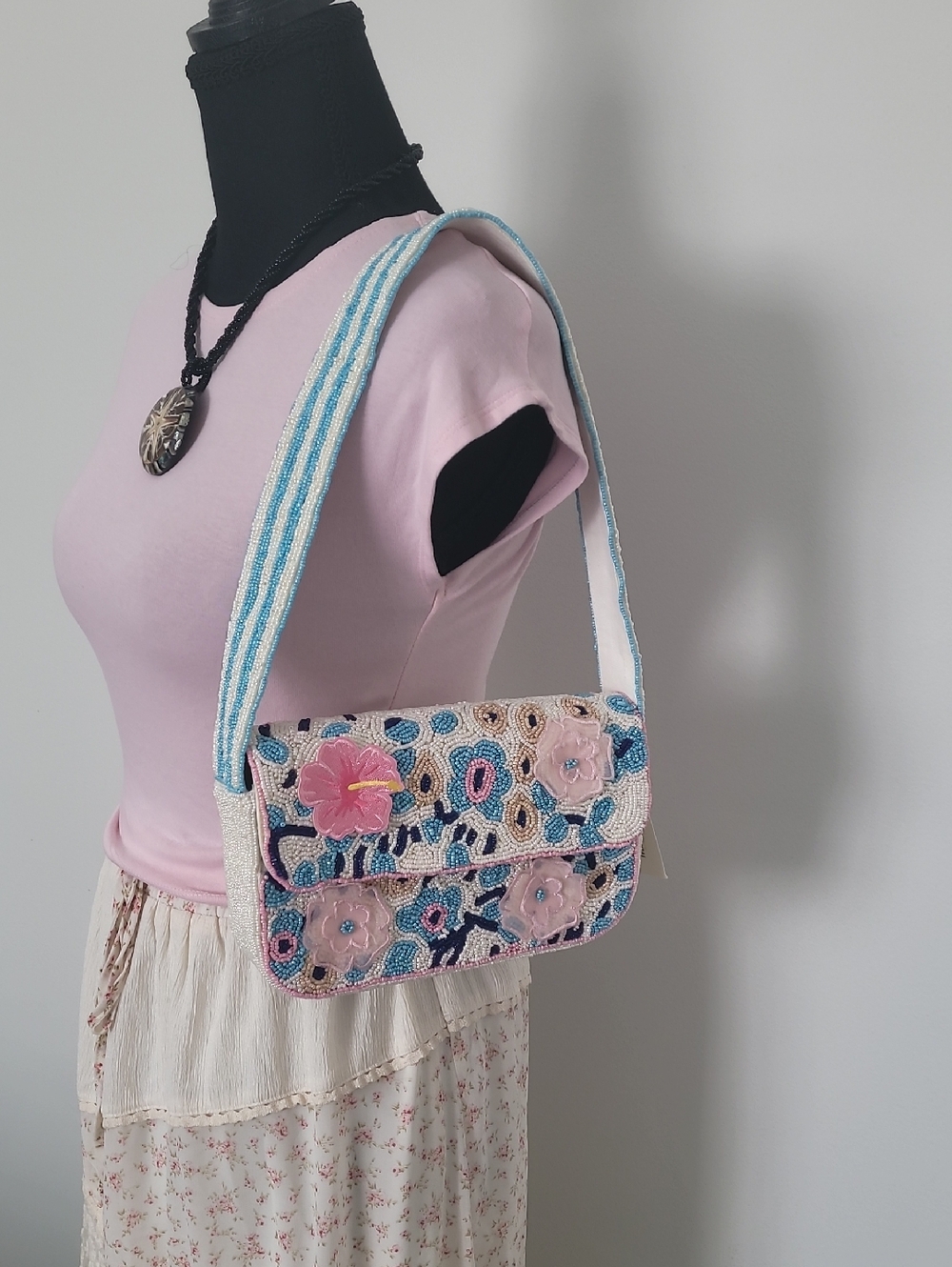 Embellished Floral Beaded Shoulder Bag in Pink and Blue